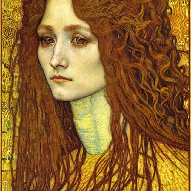 Image similar to detailed realistic beautiful young medieval queen face portrait by jean delville, gustav klimt and vincent van gogh, art nouveau, symbolist, visionary, gothic, pre - raphaelite, muted earthy colors, desaturated, neutrals