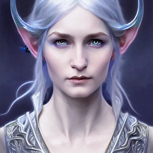 Image similar to Portrait of elvish female wizard, D&D, blue eyes, face, short silver hair, fantasy, intricate, elegant, highly detailed, digital painting, artstation, concept art, smooth, sharp focus, illustration, art by artgerm and greg rutkowski and alphonse mucha