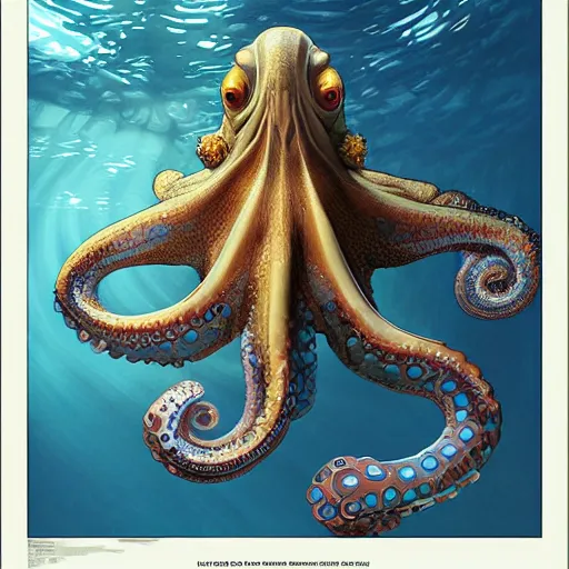 Image similar to portrait painting of an playful octopus, underwater, excellent lighting, ultra realistic, concept art, intricate details, extremely detailed, photorealistic, octane render, 8 k, unreal engine. art by artgerm and dan mumford and alphonse mucha and studio ghibli