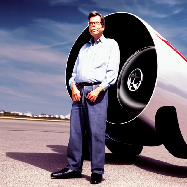 Image similar to a photo of bob lazar standing by honda jet engine car, cinematic lighting, detailed symmetrical face, photorealistic, highly detailed