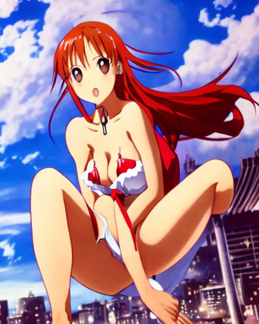 Prompt: pinup photo of asuna from sao in the center of the city, asuna by a - 1 pictures, by stephen bliss, gil elvgren, enoch bolles, glossy skin, pearlescent, anime, very coherent, maxim magazine