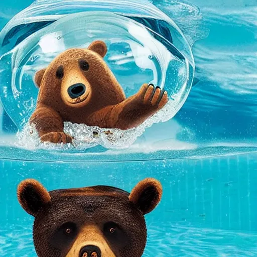 Image similar to a swimming bear inside of a fish bowl