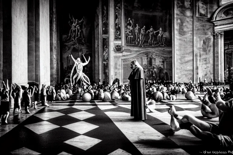 Image similar to dark scene at the vatican, pope performing an exercism ritual, moody atmosphere, 3 5 mm, hyper detailed,