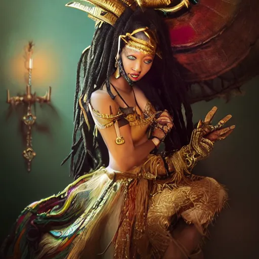 Prompt: the portrait, masked swahili female violinist, exotic costumes, gold jewelry, black dreads hair ， illustration by wenjun lin, irakli nadar, bright colors, octopath traveler, wenjun lin, unreal engine 5 highly rendered, global illumination, radiant light, detailed and intricate environment