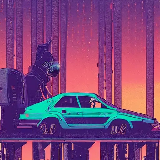 Prompt: Stunning illustration of single cyberpunk explorer overlooking lush forest filled with abandoned cars and robots , highly detailed, sunset, by Victo Ngai and James Gilleard , Moebius, Laurie Greasley