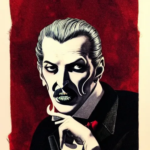 Prompt: 1 9 6 0 s vincent price portrait, soft light, by killian eng and joe fenton and bernie wrightson and conrad roset, inspired by dracula, red only, etching and paint, fine sharp high detail,