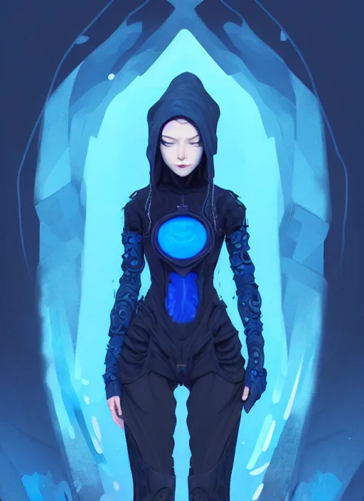 Image similar to full body portrait of a blue witch within a techwear. cynical face, concept art, fantasy illustration, intricate, highly detailed 8 k, smooth, sharp focus, beautiful and aesthetic shape of face and body, artgerm, artstation, art by zexi guo and nira and junpei suzuki and gharliera and rinotuna