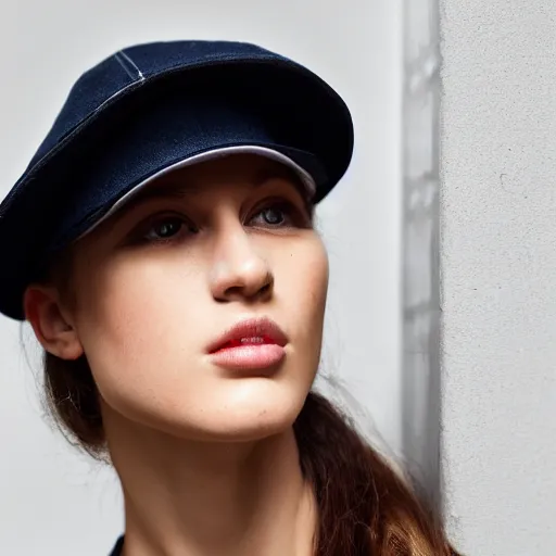 Prompt: a fashion model wearing a cap, portrait shot