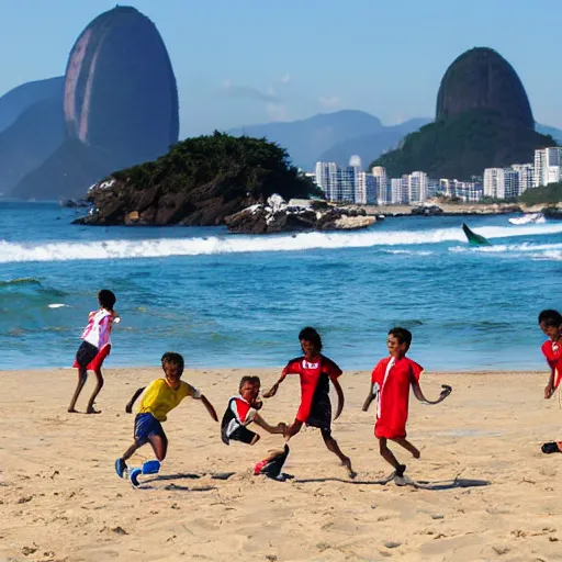 Prompt: kids playing soccer at the beach in Rio de Janeiro