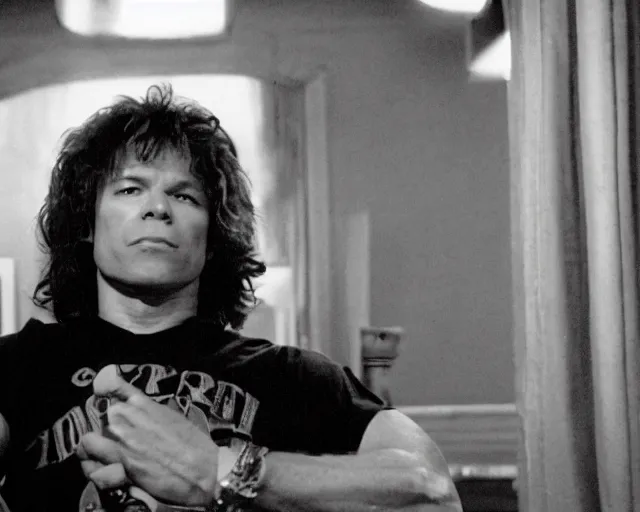 Image similar to movie still of Jon Bon jovi as Johnny in a scene from The Room, shot on Kodak 35mm film stock