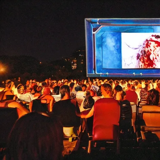 Image similar to futuristic film festival frameout shows films from predominantly domestic production on a summer outdoor cinema screen, salvador dali style