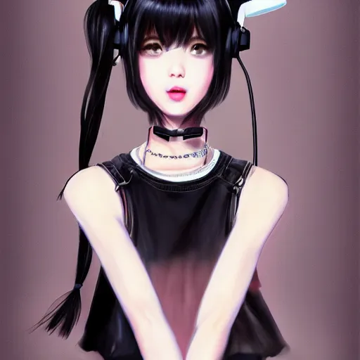 Image similar to realistic detailed semirealism beautiful gorgeous natural cute excited happy Blackpink Lalisa Manoban black hair black cat ears, wearing white camisole outfit, headphones, black leather choker artwork drawn full HD 4K high resolution quality artstyle professional artists WLOP, Aztodio, Taejune Kim, Guweiz, Pixiv, Instagram, Artstation