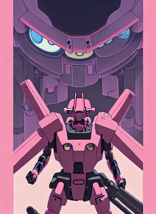 Image similar to Artwork by James Jean, Phil noto and hiyao Miyazaki; a young Japanese future samurai police girl named Yoshimi battles an enormous looming evil natured carnivorous pink gundam robot on the streets of Tokyo; Japanese shops and neon signage; crowds of people running; Art work by studio ghibli, Phil noto and James Jean