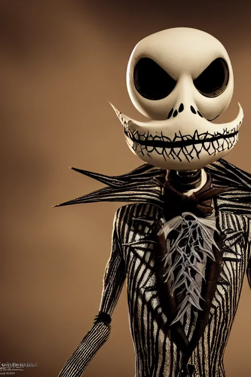 Image similar to a portrait of jack skellington, nightmare before christmas setting, dynamic pose, close - up, intricate details, intricately detailed clothing, intricate textures, warm lighting, vivid colors, smoke and mist, realistic octane render, hyper realistic render, volumetric shading, depth of field, raytracing, 8 k,