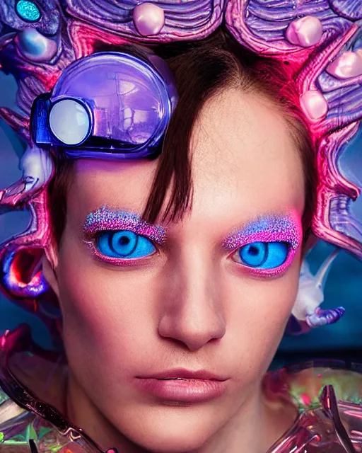 Prompt: natural light, soft focus portrait of a cyberpunk anthropomorphic newt with soft synthetic pink skin, blue bioluminescent plastics, smooth shiny metal, elaborate ornate head piece, piercings, skin textures, by annie leibovitz, paul lehr