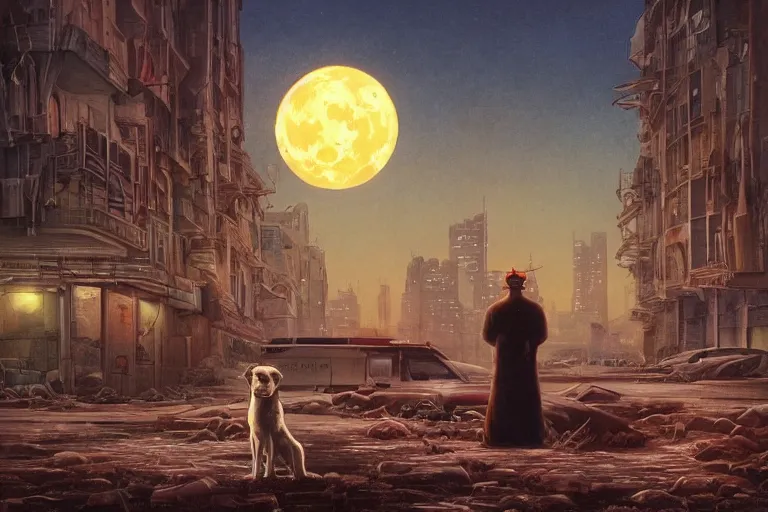 Image similar to a detailed illustration of a lonely sad dog against the background of a ravaged city and a red moon, artstation, by John Philip Falter, Art Nouveau, sophisticated, Unreal engine, dystopia, anti-utopia, post processing, nostalgic melancholic artwork, intricate