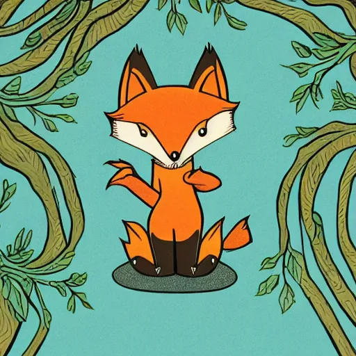 Image similar to childrens book illustration of a cute cartoon fox in the woods, style of moebius, james jean, mcbess, cinematic, highly detailed, award winning, 8 k photorealistic