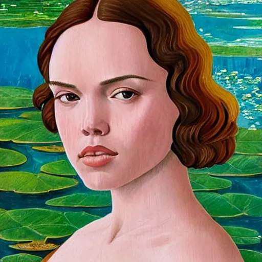 Image similar to sandro botticelli painting of daisy ridley as venus in a lush pond