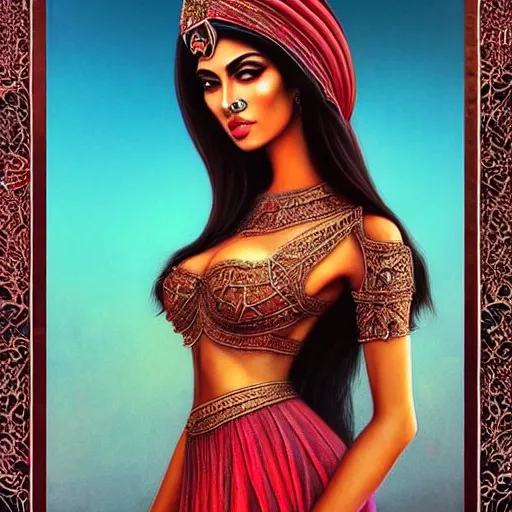 Image similar to Beautiful portrait of a Persian Princess who is an architect, beautiful princess, face painting, architecture, persian style architecture, beautiful body, attractive, babe, dramatic lighting, intricate, wild, highly detailed, digital painting, artstation, concept art, smooth, sharp focus, illustration, black+velvet+red+Turquoise, dark, art by artgerm and greg rutkowski and alphonse mucha, footage from space camera