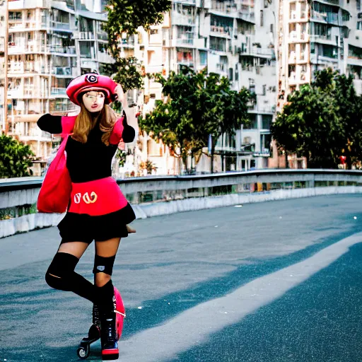 Prompt: Teenage girl, French girl, black beret, black beret with a red star, black shirt with red star, black leather shorts, rollerblading, rollerskates, grinding on railing, city on a hillside, colorful buildings, futuristic architecture