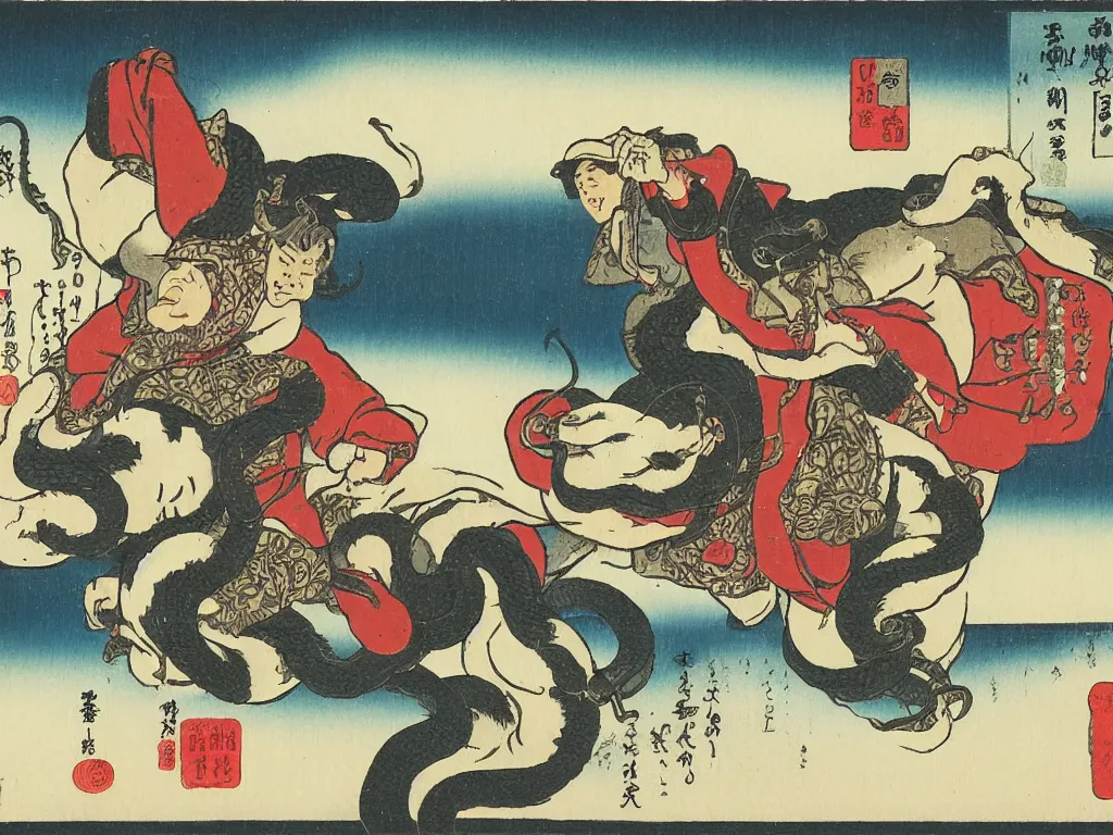 Prompt: Ukiyoe of a snake oil salesman riding a bull through a snowy forest in wild west formosa
