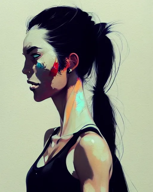 Prompt: a ultradetailed beautiful portrait painting of a stylish woman with a ponytail, she is wearing a black tank top and jeans, by conrad roset, greg rutkowski and makoto shinkai trending on artstation