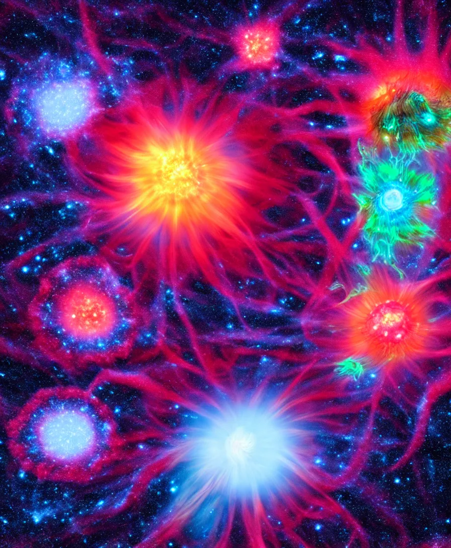 Prompt: a hyperrealistic 3d render of a supernova, dozens of galaxies, gossamer polyp blossoms bring iridescent fungal biomass, shockwave, portal opening, lightspeed, twisted energy flow, translucent glowing jellyfish, 16mm grain, extremely detailed, 8k