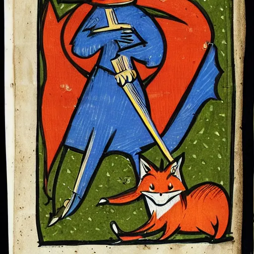 Prompt: anthropomorphic fox who is a medieval knight standing steadfast towards a army of enemy knights, illuminated manuscript