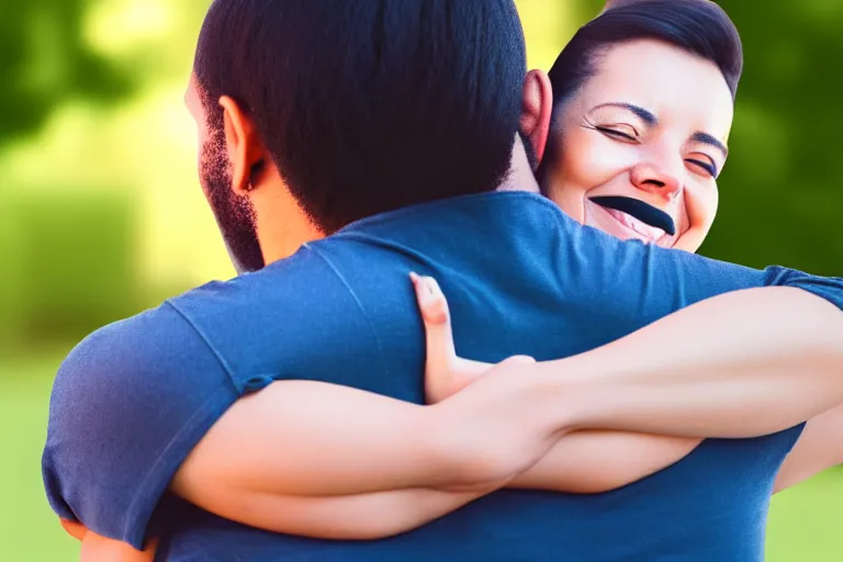 Prompt: a woman hugging a man who is standing straight with his arms at his sides