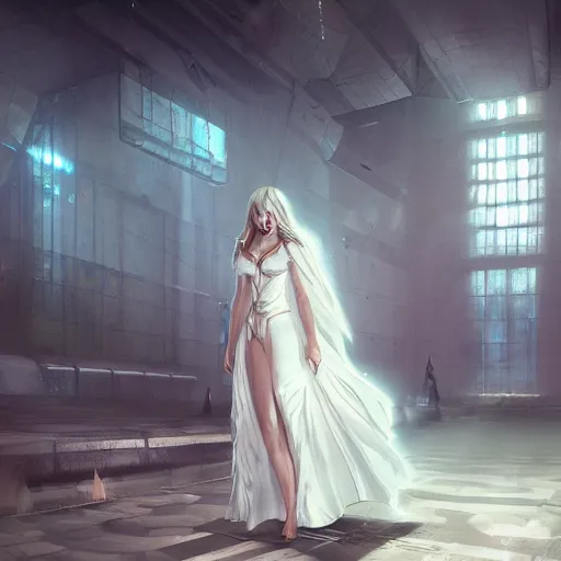 Prompt: a mystic goddess with white dress and marks on face laying in a huge sci - fi corridor surrounding with foes, digital art, concept art, trending on artstation, 8 k detailed, dramatic lighting