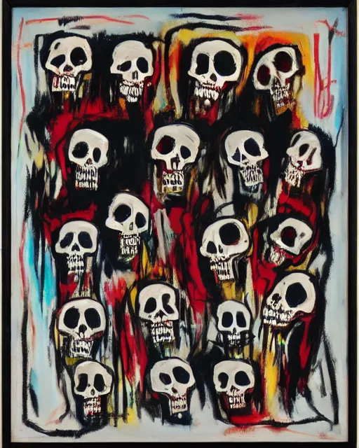 Image similar to oil neo expressionism painting of skull skeletons singing in the choir by basquiat