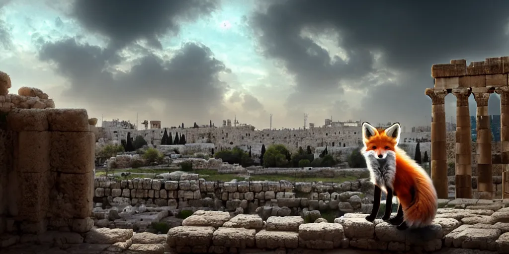 Image similar to a adorable small fox in the huge ruins of the second temple in jerusalem in the distance. the third temple hovers quietly hiding in the dreamy clouds above. a hooded bearded old man in a brown tunic laughing, colorful 8 k, art station, intricate superb details, digital art, cinematic, bokeh dof sky, by stalenhag.