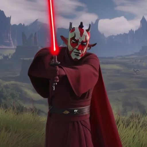 Image similar to Film still of Darth Maul, from The Legend of Zelda: Breath of the Wild (2017 video game)