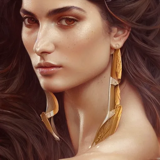 Image similar to Portrait of a Greek Supermodel, olive skin, long dark hair, beautiful bone structure, intricate, elegant, highly detailed, digital painting, artstation, concept art, smooth, sharp focus, illustration, art by artgerm and greg rutkowski and alphonse mucha