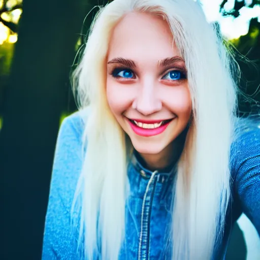 Image similar to beautiful selfie of a cute thin young woman smiling smugly, long light platinum blonde hair, flushed face, heart - shaped face, blue eyes, golden hour, 8 k, instagram