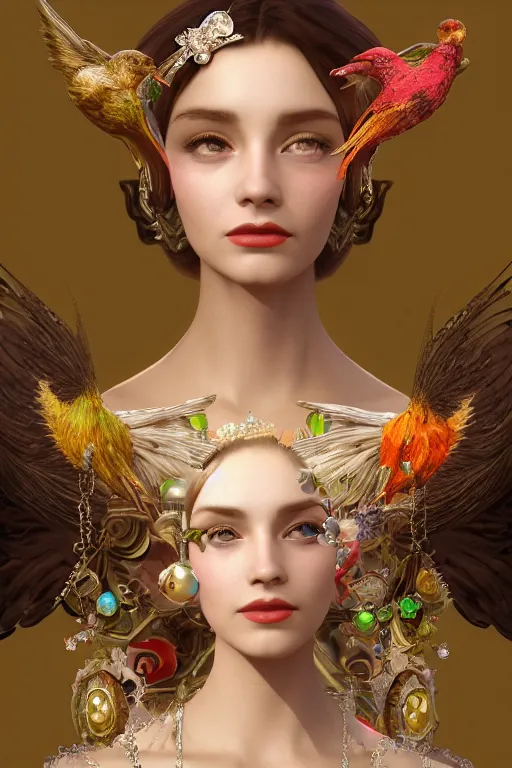 Image similar to face closeup, 3 d render of english princess holding birds, ornaments, jewels, diamonds, mucha vibe, dieselpunk, solarpunk, artstation