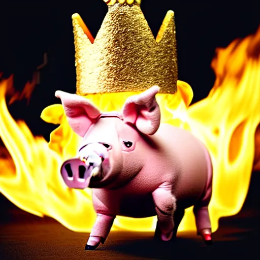 Image similar to !dream studio photograph of a pig wearing a gold crown depicted as a muppet running on fire