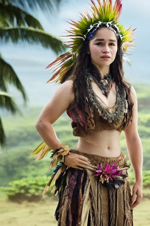 Image similar to Photo of Native Hawaii woman Emilia Clarke, portrait, skilled dancer in Hawaiian national costume, ancient, realistic, detailed, Emilia Clarke