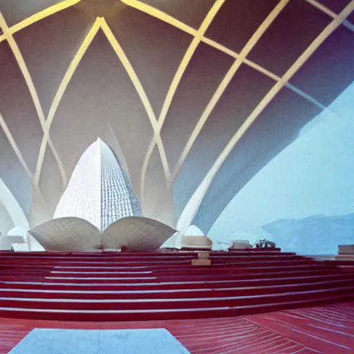 Image similar to interior of a futuristic lotus temple with gold, red and white marble panels, in the desert, by buckminster fuller and syd mead, intricate contemporary architecture, photo journalism, photography, cinematic, national geographic photoshoot