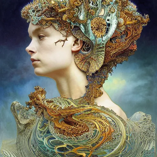 Prompt: queen of jupiter by iris van herpen, alphonse mucha, zdzisław beksinski, raymond swanland, alphonse mucha. highly detailed!, hyper - real, beautiful!