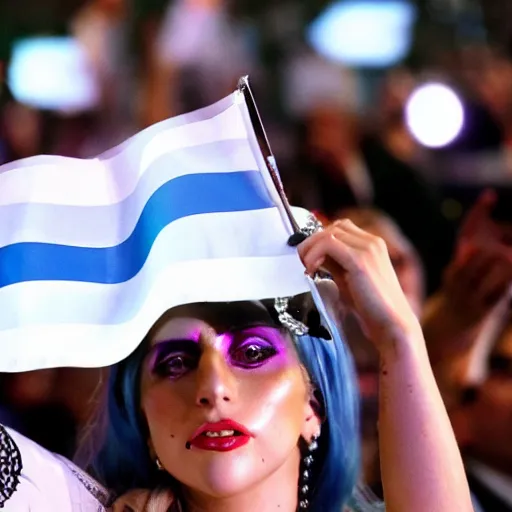 Image similar to Lady Gaga as president, Argentina presidential rally, Argentine flags behind, bokeh, giving a speech, detailed face, Argentina