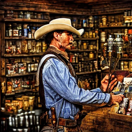 Prompt: An Outlaw in a General Store looking to buy a pack of cigarettes', Wild West, highly detailed, HDR, 4k, realistic