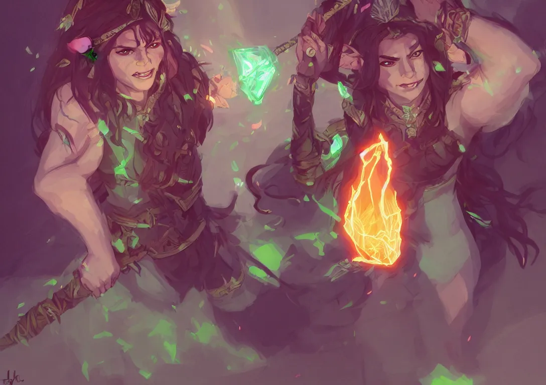 Prompt: half orc half elf woman, beautiful face and small orc tusks, ginger long hair that goes to the floor, holding a glowing diamond, tropical mage dress with high slit, several layers of fabric, character concept art, by ilya kuvshinov, krenz cushart, Greg Rutkowski, trending on pixiv