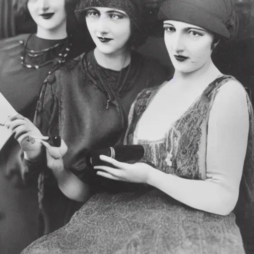 Prompt: women the 1 9 2 0's holding iphone