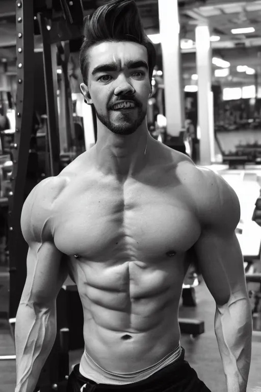 Image similar to Jacksepticeye is a jacked muscle builder gigachad, grayscale photography