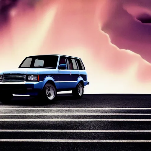 Image similar to rangerover driving down a windey road with noctoluminescent clouds in the sky, simplistic style, 1 9 8 0 s poster style