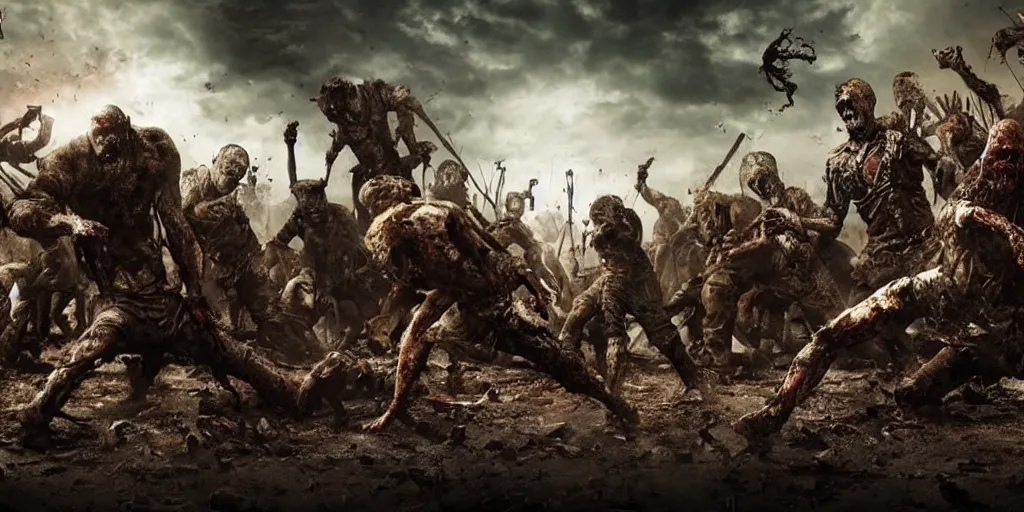 Prompt: epic battle scene of zombies, post-apocalyptic, post-human, Epic Background, highly detailed, sharp focus, 8k, 35mm, cinematic lighting