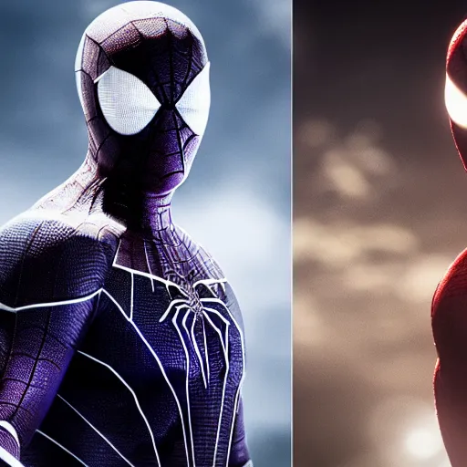 Image similar to character portrait of Spidermaan and MoonKnight from MCU, 4k, highly detailed, cinematic lighting, characters merged