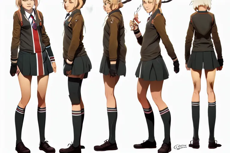 Image similar to character sheet of attractive female lynx fursona, magic school uniform, blonde hair, by greg rutkowski and studio ghibli, digital art, trending on artstation, highly detailed, concept art, beautiful, masterpiece