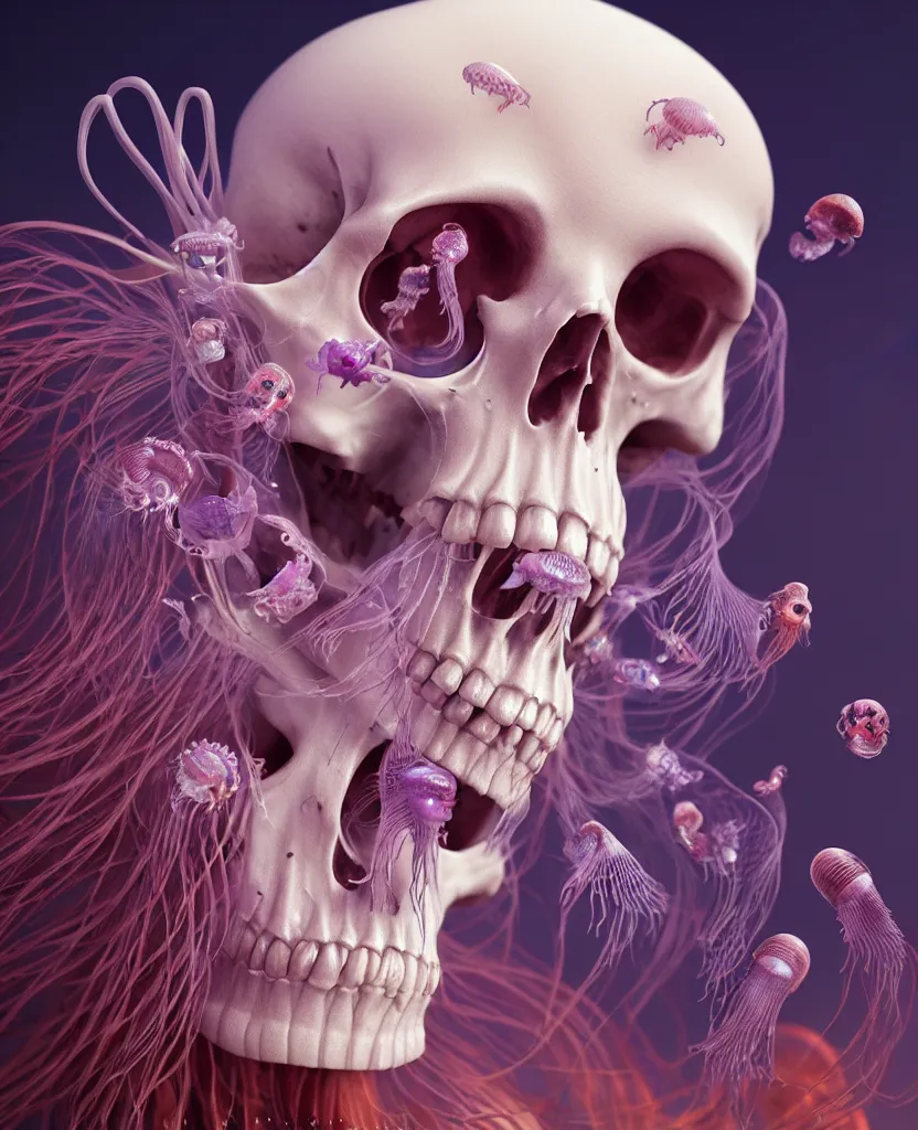 Image similar to goddess close - up portrait human skeleton, ram skull, jellyfish, orchid, betta fish, bioluminiscent, intricate artwork by tooth wu and wlop and beeple. octane render, trending on artstation, greg rutkowski very coherent symmetrical artwork. cinematic, hyper realism, high detail, octane render, 8 k